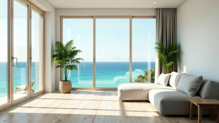 Fototapeta premium Coastal Living Room with Ocean View and Light Wood Floors