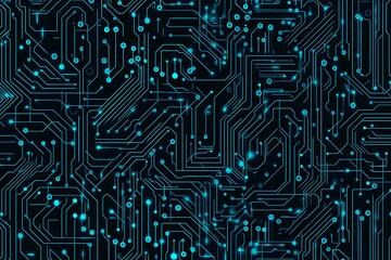 Abstract close-up of a glowing blue digital circuit board, showcasing intricate connections and technological design on a black background.

