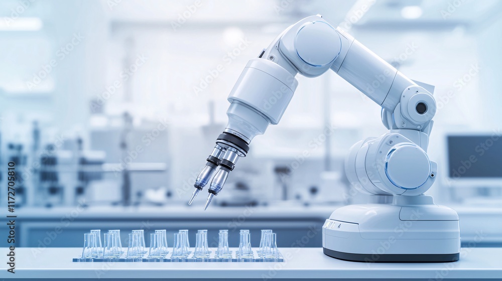Poster ai-powered robotic arm conducting experiments in a cutting-edge biotechnology lab