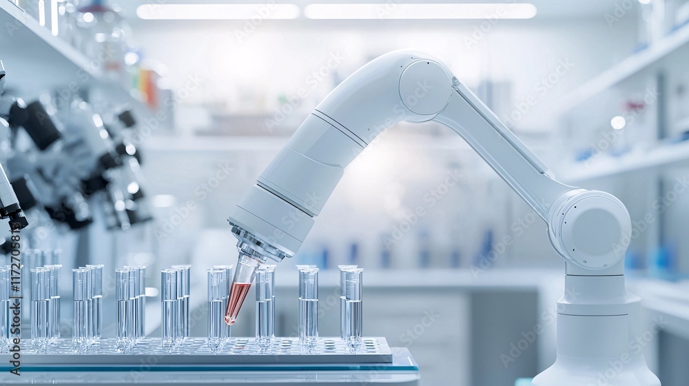 Aufkleber ai-powered robotic arm conducting experiments in a cutting-edge biotechnology lab