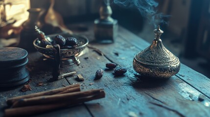 Aromatic incense burning in ornate container, dates and cinnamon on rustic wooden table.