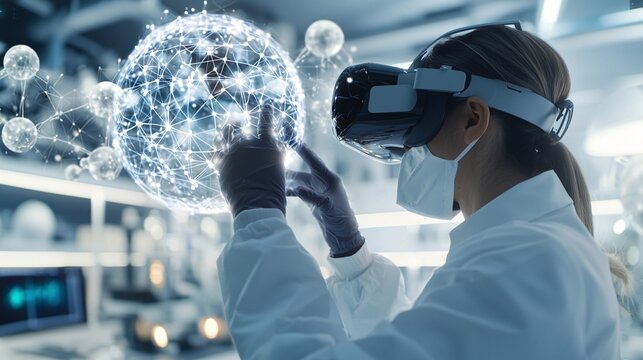 Biotech researchers using virtual reality to manipulate molecular structures in a futuristic lab