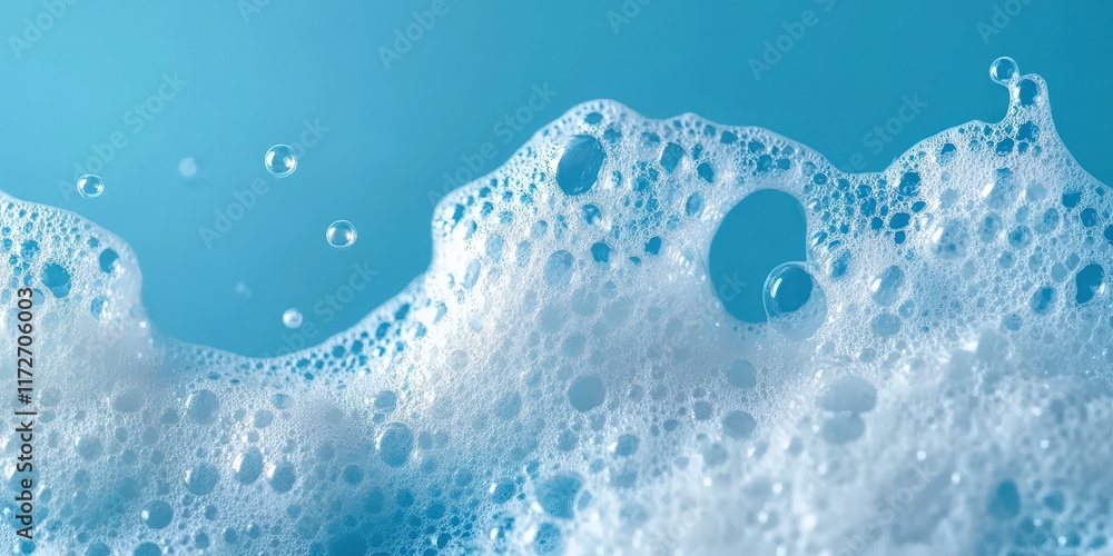 Poster close-up view of soap foam with bubbles on a light blue background, capturing the texture and reflec
