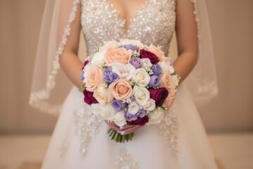 Bride in beaded dress holding bouquet