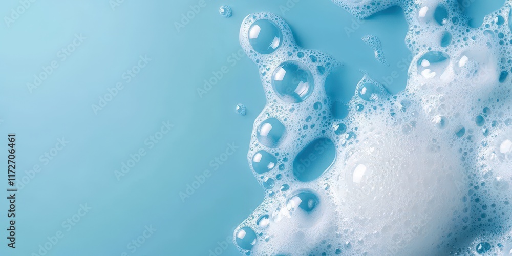 Poster close-up view of soap foam bubbles on a light blue background with soft textures ideal for cleanline