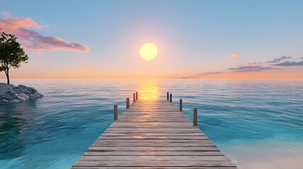 Fototapeta premium A long wooden pier extends over calm sea waters, bathed in the golden light of a sunset. The serene atmosphere evokes a sense of calm and romance.