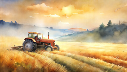 Fototapeta premium Tractor in golden wheat field during a sunrise watercolor scene.