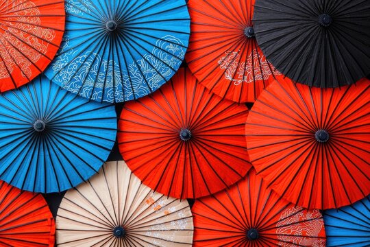 Colorful chinese umbrellas creating vibrant pattern on dark background - Powered by Adobe