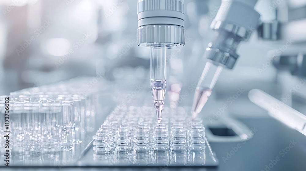 Poster close-up of advanced pipetting robots handling genetic samples in a biotechnology lab