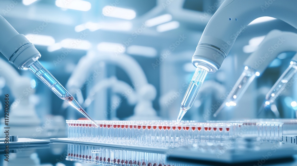 Poster close-up of advanced pipetting robots handling genetic samples in a biotechnology lab