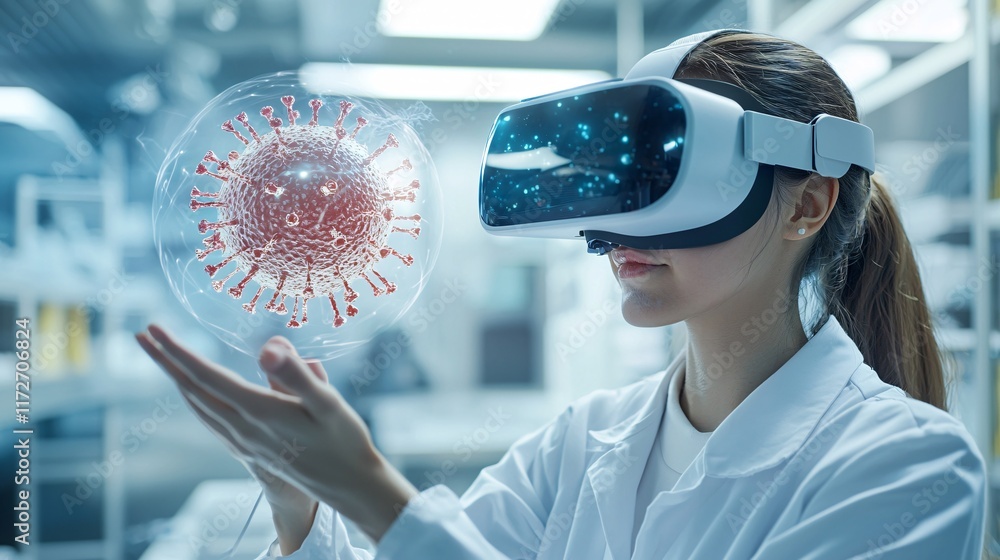 Poster scientist wearing vr goggles interacting with a 3d model of a virus in a high-tech biotech lab