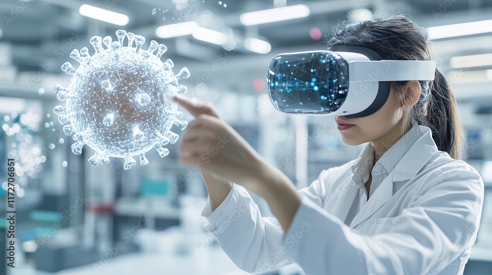 Poster scientist wearing vr goggles interacting with a 3d model of a virus in a high-tech biotech lab