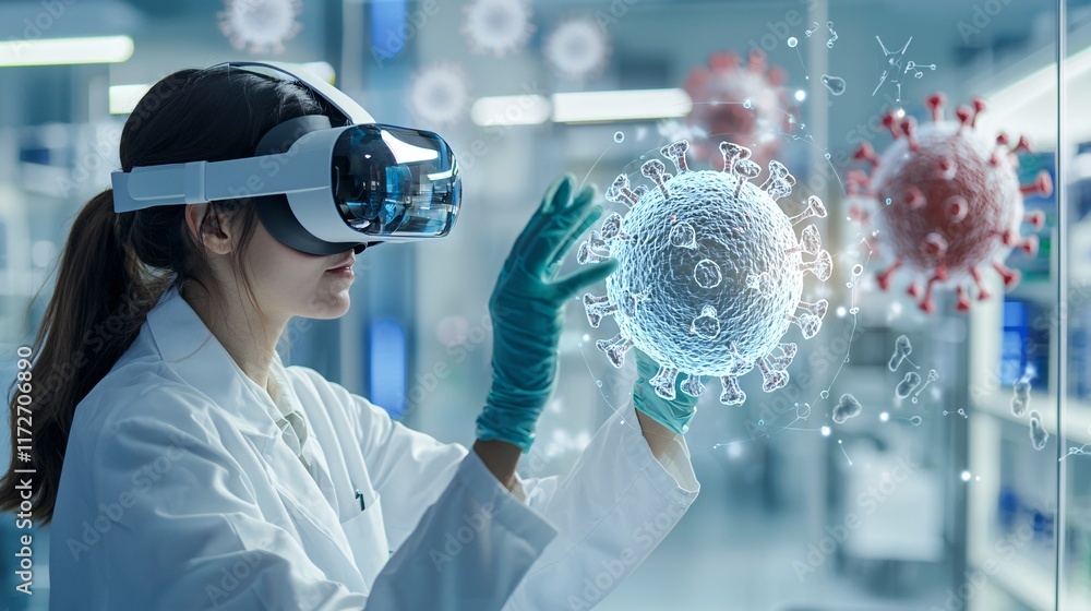 Poster scientist wearing vr goggles interacting with a 3d model of a virus in a high-tech biotech lab