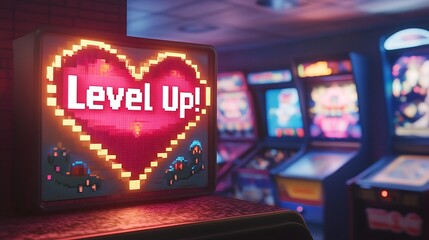 Neon Sign with Glowing Pixelated Heart and "Level Up!" Text in Dynamic Colors in Retro Arcade Setting

