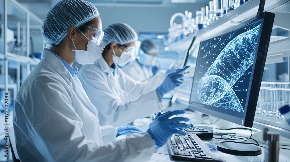 Aufkleber biotechnology researchers in clean lab coats analyzing dna sequence data on digital monitors