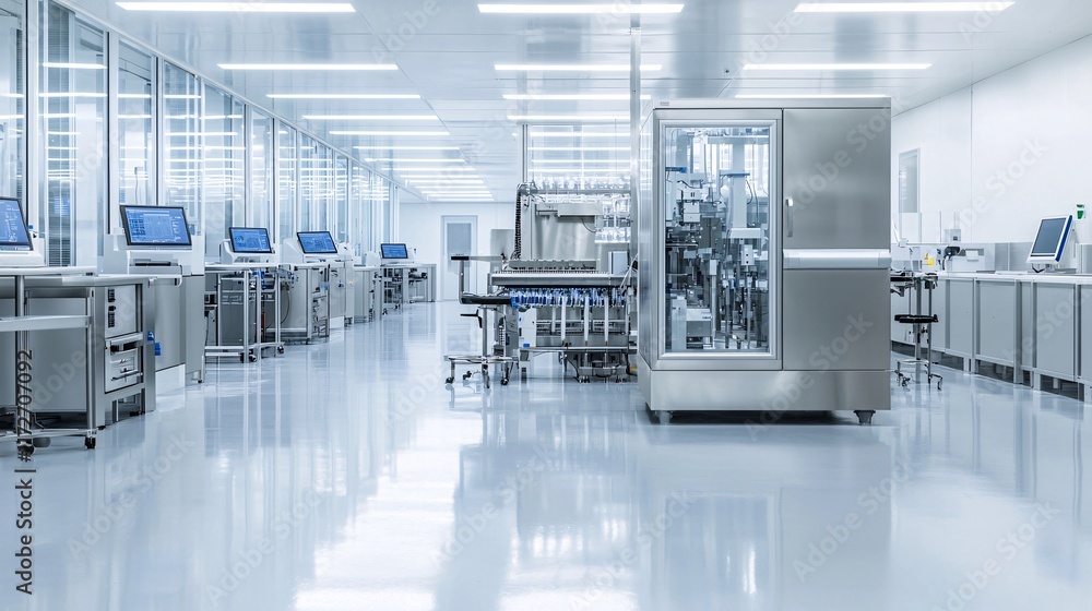 Poster sterile biotech lab with automated machines producing synthetic biological materials, high-tech envi