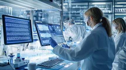 Biotechnology researchers in clean lab coats analyzing DNA sequence data on digital monitors