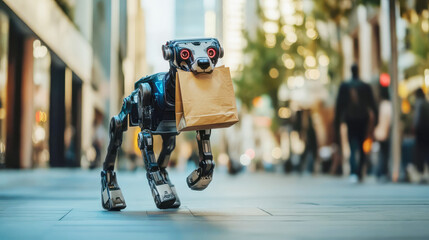 robot dog carries a parcel along a city street. robot delivery man