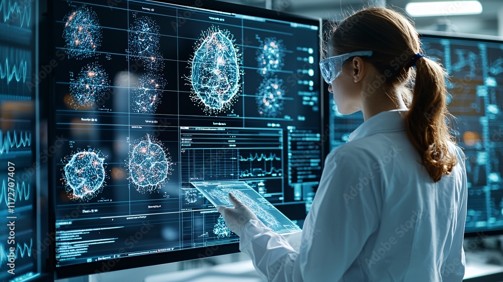 Poster scientist in a biotech lab using ai-driven analysis to study cell mutations on digital screens
