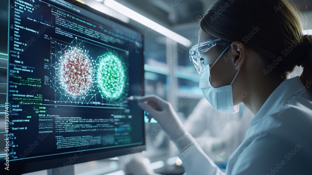 Poster scientist in a biotech lab using ai-driven analysis to study cell mutations on digital screens
