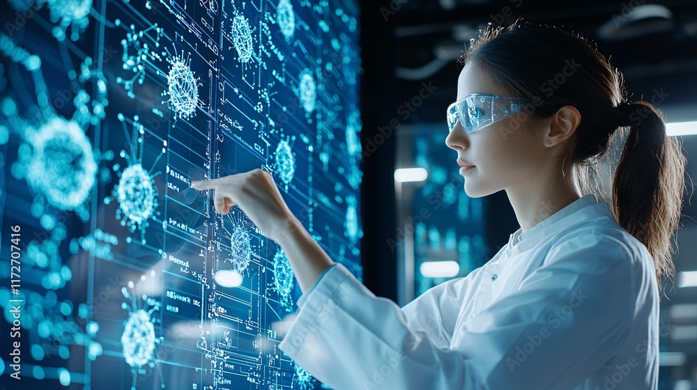 Poster scientist in a biotech lab using ai-driven analysis to study cell mutations on digital screens