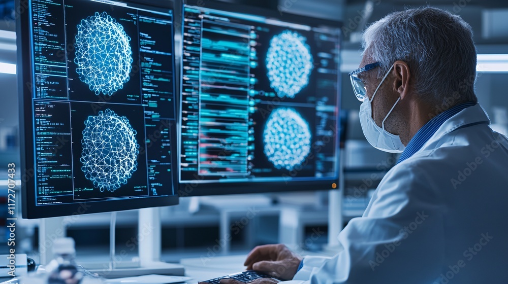 Poster scientist in a biotech lab using ai-driven analysis to study cell mutations on digital screens