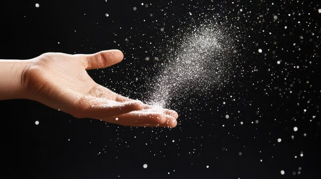 White Powder Falling from Hand Against Black Background