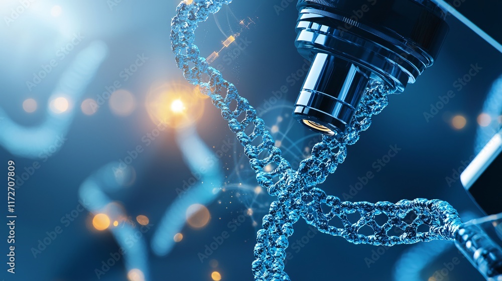 Poster microscope image of modified dna strands displayed on advanced digital equipment in a biotech lab