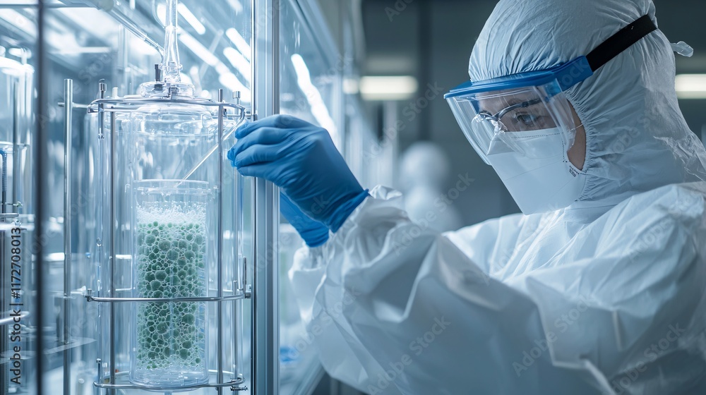 Aufkleber scientist inserting genetically modified organisms into bioreactors in a sterile lab environment