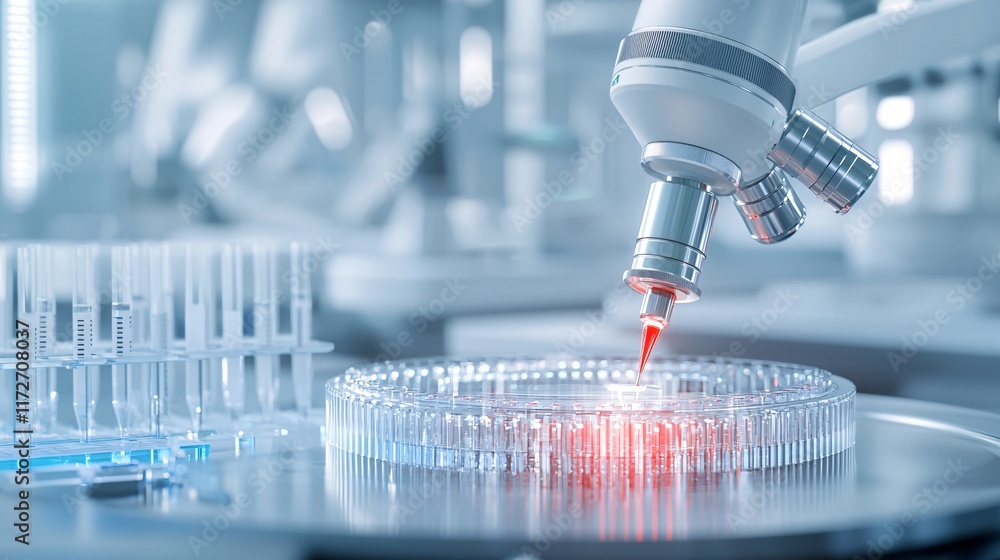 Poster automated laboratory machines working with gene editing tools in a futuristic biotechnology lab