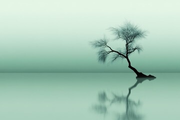 Solitary tree reflection in serene minimalist landscape