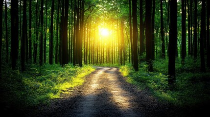 Obraz premium Sunlit Forest Path Nature's tranquil beauty, ideal for serenity, wanderlust, and nature themes.