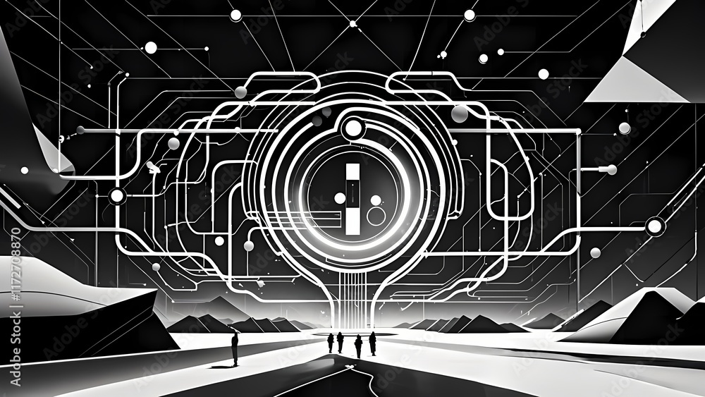Poster futuristic abstract technology design with lines and digital elements, symbolizing innovation and co