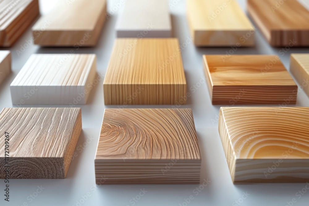 Poster different types of wooden sample blocks arranged for carpentry and design assessment