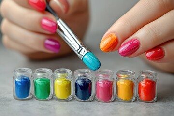 Vibrant nail painting session with colorful art supplies on a tabletop