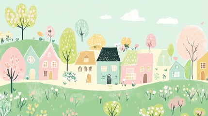 Colorful doodle depicting a whimsical village surrounded by nature on a sunny day. Generative AI