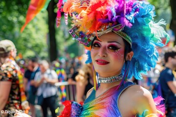 Drag queen in rainbow costume at Gay Pride event in Cologne.