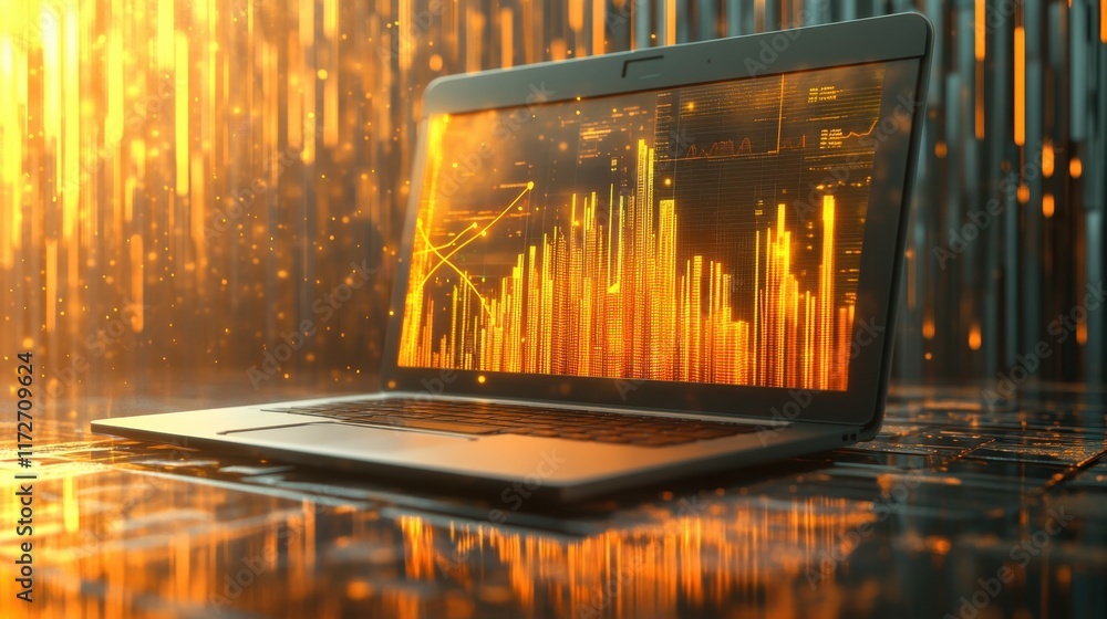 Aufkleber financial data analysis on laptop screen displaying dynamic graphs and charts with golden hues