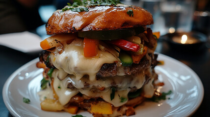 close up of gourmet burger stacked high with fresh vegetables, melted cheese, and soft bun, creating delicious and appetizing meal