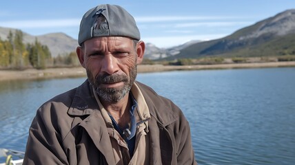 Obraz premium A weathered, middleaged man with a beard and gray cap stares directly at the camera. Hes outdoors, near a calm lake with mountains in the background, suggesting a rural or remote setting.