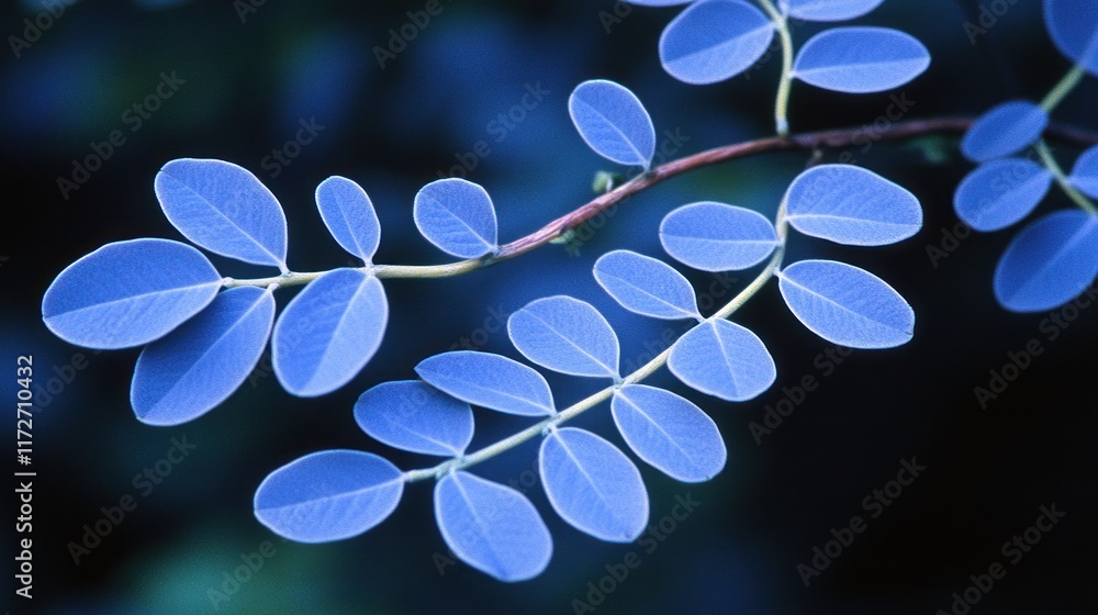 Canvas Prints Close-up of blue leaves on a branch against a dark background.