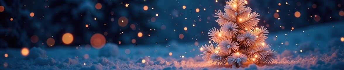 ethereal snowflakes float around a glowing abstract Christmas tree, lights, frosty