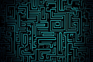 Abstract close-up of a glowing blue digital circuit board, showcasing intricate connections and technological design on a black background.
