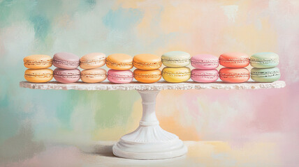 Colorful array of macarons displayed on delicate stand, showcasing pastel hues and intricate details. Perfect for dessert lovers and special occasions