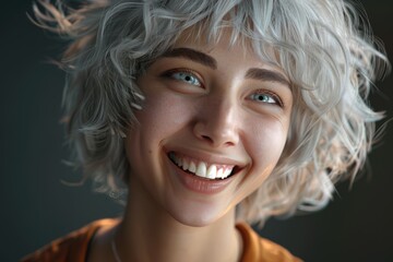 Happy actress in wig and big smile