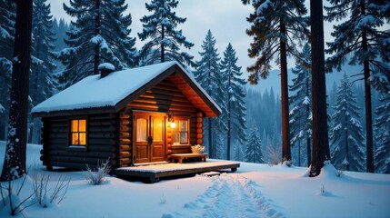 Cozy Log Cabin in a Snowy Winter Forest at Dusk