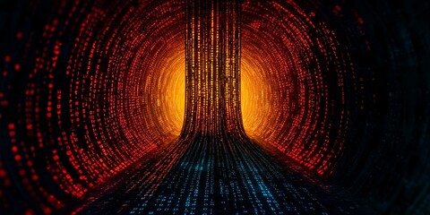 Futuristic Digital Cityscape with Binary Code Skyscrapers
