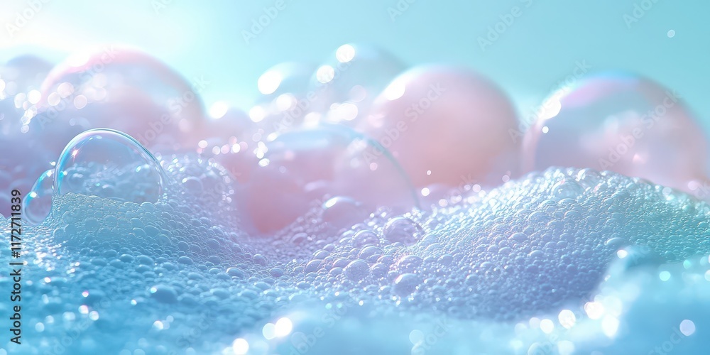 Poster soft foam bubbles floating on fresh shampoo surface in gentle pastel colors with sunlit sparkles and