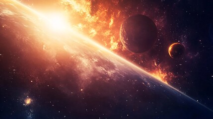 Obraz premium Cosmic Landscape with Planets and Dramatic Starburst Effect
