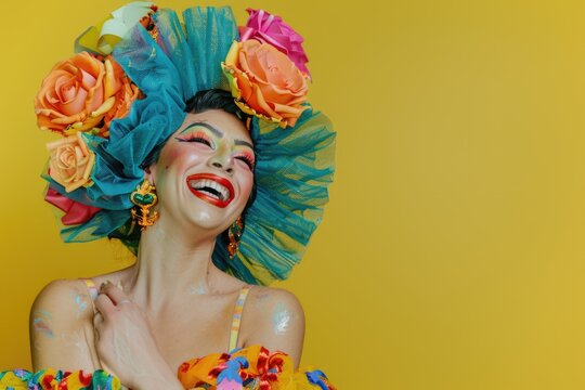 Portrait of a happy young drag queen smiling in a colorful dress on a yellow background.